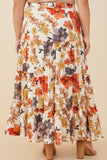 HY9115W Rust Plus Textured Floral Contrast Merrowed Tiered Skirt Gif