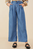 HY9146W Mid Denim Plus Pleated Detail Wide Leg Tencel Pants Front