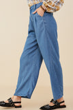 HY9146 Mid Denim Womens Pleated Detail Wide Leg Tencel Pants Gif