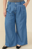 HY9146 Mid Denim Womens Pleated Detail Wide Leg Tencel Pants Front