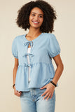 HY9175 Light Denim Womens Puff Sleeve Tie Detail Tencel Peplum Cardigan Front