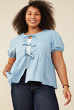 HY9175W Light Denim Plus Puff Sleeve Tie Detail Tencel Peplum Cardigan Front