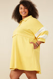 HY9233W Yellow Plus Colorblock Sleeve Collared French Terry Dress Full Body