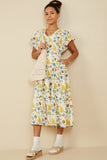 HY9255 Mustard Womens Botanical Print V Neck Gauze Textured Dress Full Body