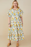 HY9255W Mustard Plus Botanical Print V Neck Gauze Textured Dress Front