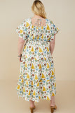 HY9255W Mustard Plus Botanical Print V Neck Gauze Textured Dress Full Body