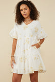 HY9261W Off White Plus Floral Embroidered Bubble Sleeve V Neck Dress Front