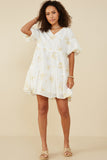 HY9261 Off White Womens Floral Embroidered Bubble Sleeve V Neck Dress Gif