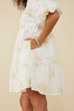 HY9261 Off White Womens Floral Embroidered Bubble Sleeve V Neck Dress Full Body