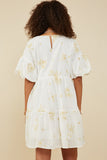 HY9261 Off White Womens Floral Embroidered Bubble Sleeve V Neck Dress Detail