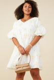 HY9261 Off White Womens Floral Embroidered Bubble Sleeve V Neck Dress Front