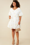 HY9261 Off White Womens Floral Embroidered Bubble Sleeve V Neck Dress Back