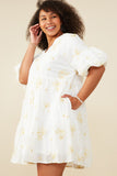 HY9261W Off White Plus Floral Embroidered Bubble Sleeve V Neck Dress Gif