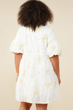 HY9261W Off White Plus Floral Embroidered Bubble Sleeve V Neck Dress Full Body