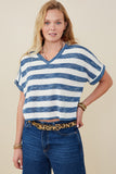 HY9328 Denim Womens Heathered Stripe V Neck Knit Top Front