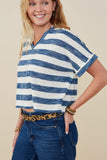 HY9328 Denim Womens Heathered Stripe V Neck Knit Top Full Body