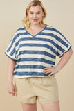 HY9328W Denim Plus Heathered Stripe V Neck Knit Top Front